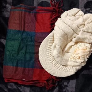 Red and Green Plaid Scarf with Cream Knit Hat